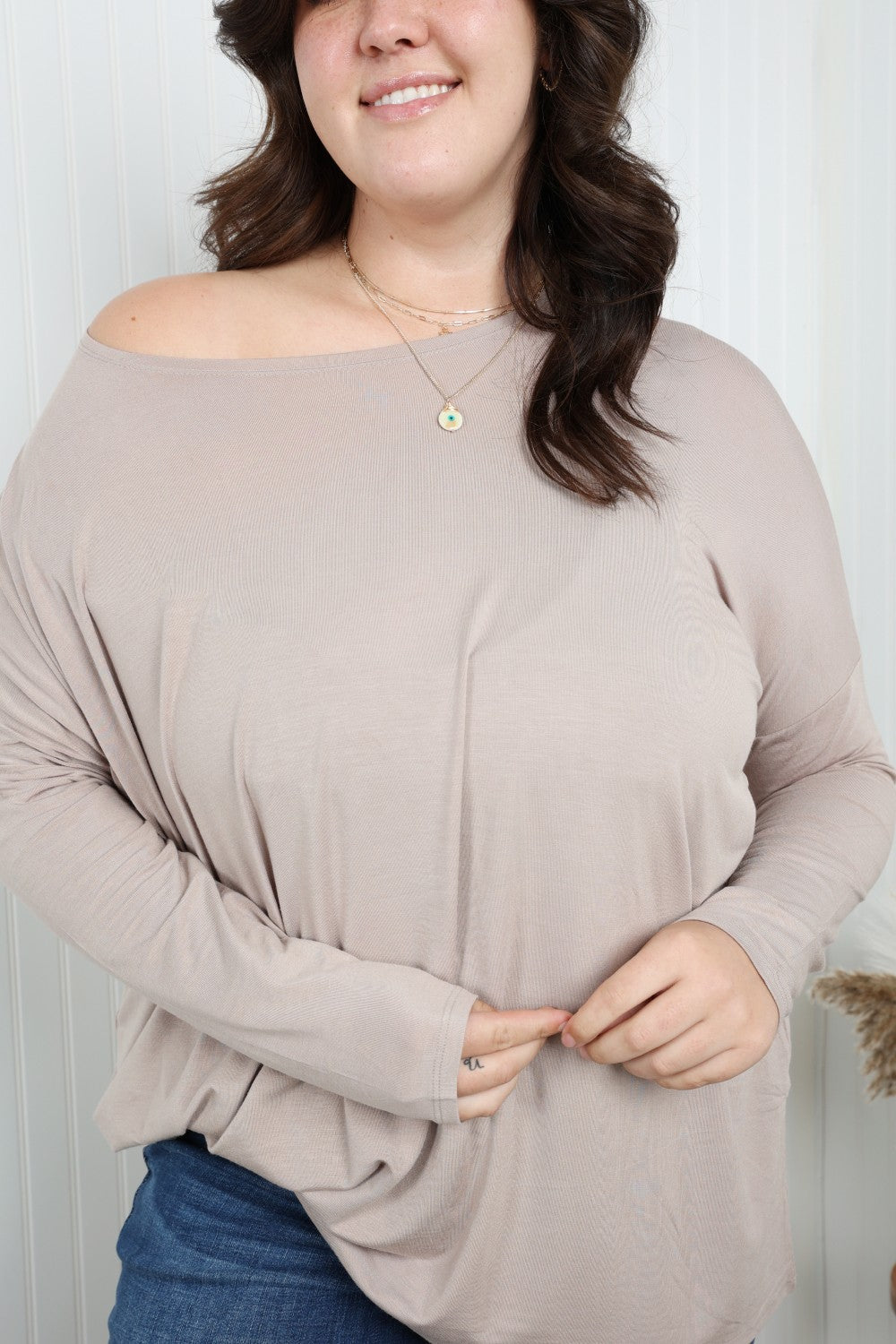 Zenana Full Size Round Neck Dropped Shoulder Tunic Top in Ash Mocha -