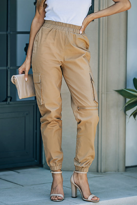 Elastic Waist Ankle-Length Cargo Joggers - Khaki / S