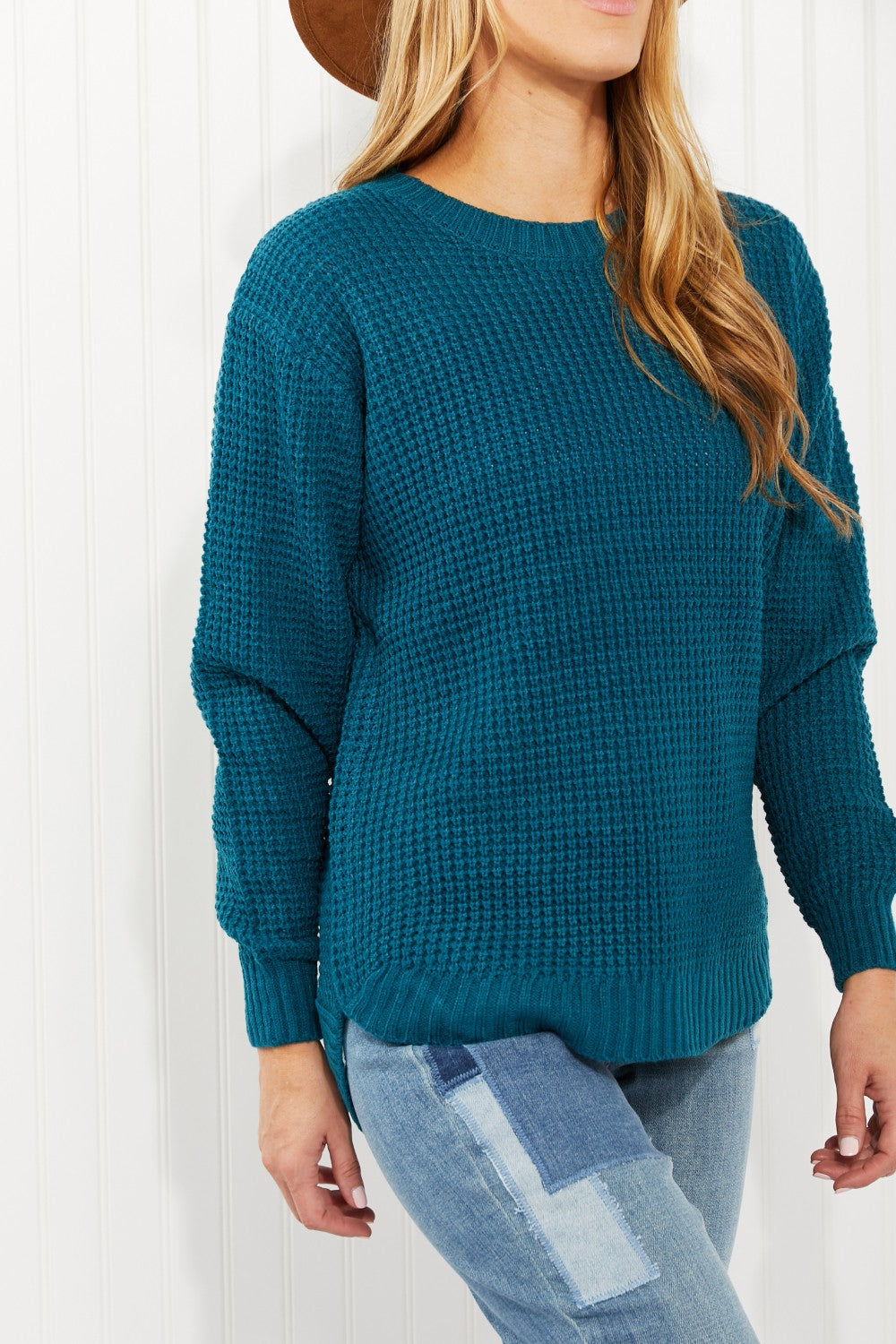 Zenana Autumn is Calling Full Size Waffle Knit Sweater in Teal -