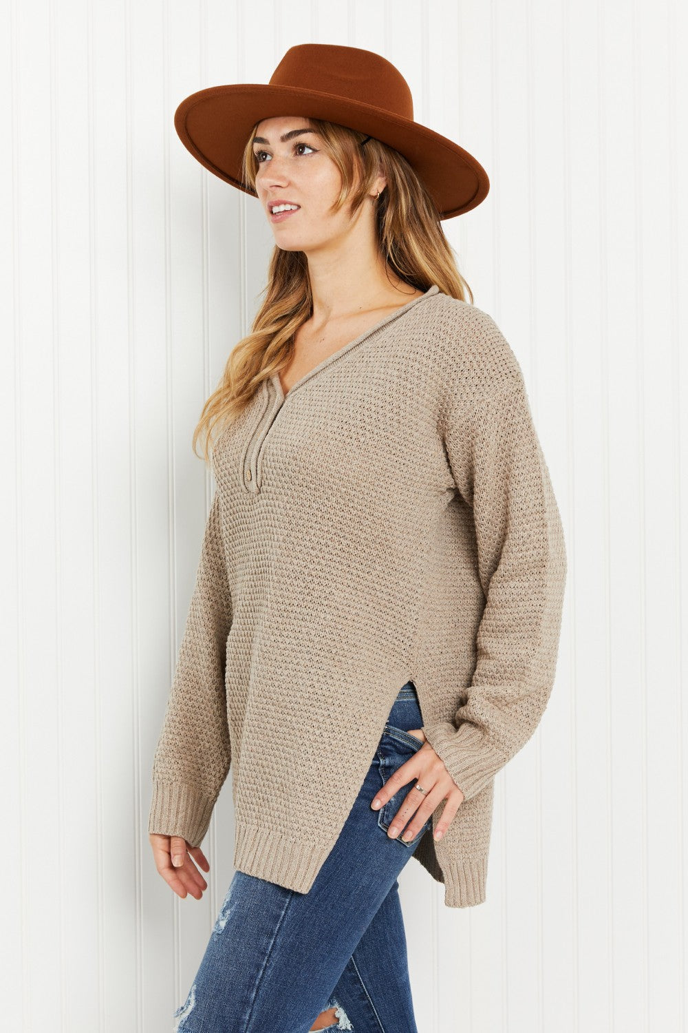 GeeGee Full Size Waffle Knit Henley Sweater -