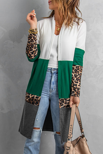 Leopard Color Block Open Front Longline Cardigan - Green/White / S