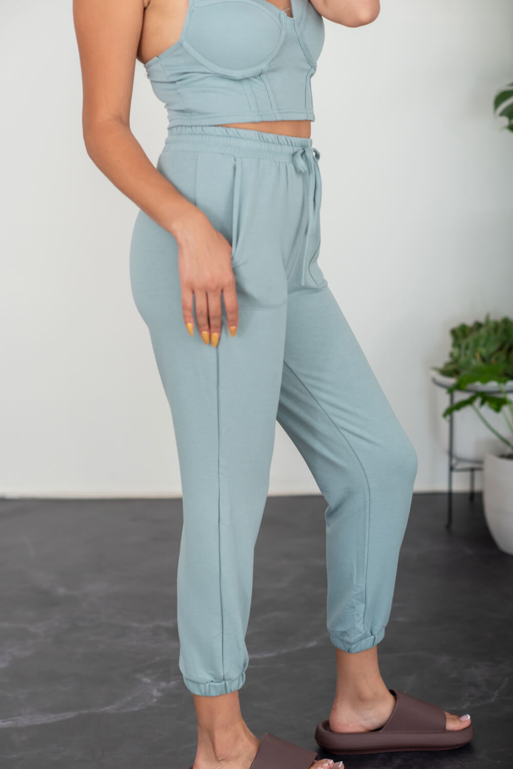 SHOPIRISBASIC Let's Do This Bustier and Joggers Lounge Set in Sage Green -