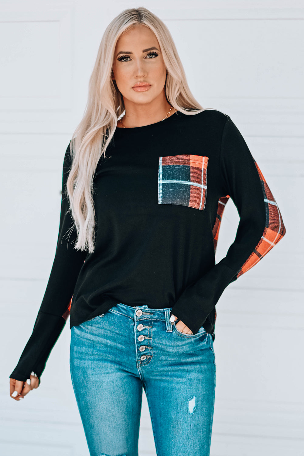 Plaid Round Neck High-Low Top - Black / S