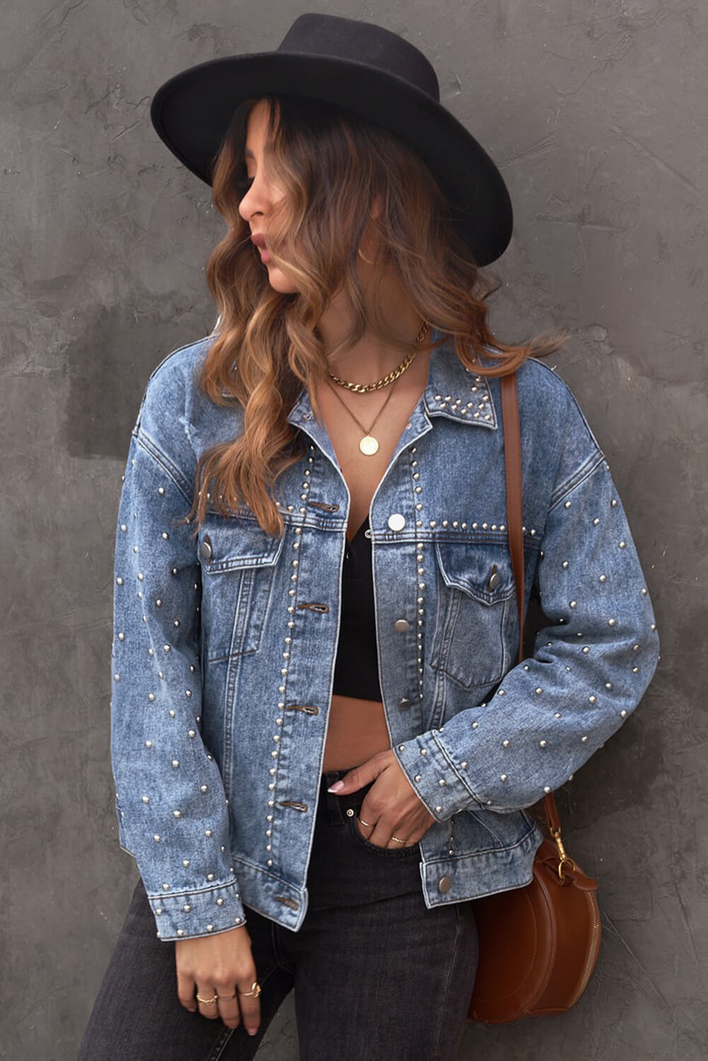 Studded Button Down Denim Jacket -