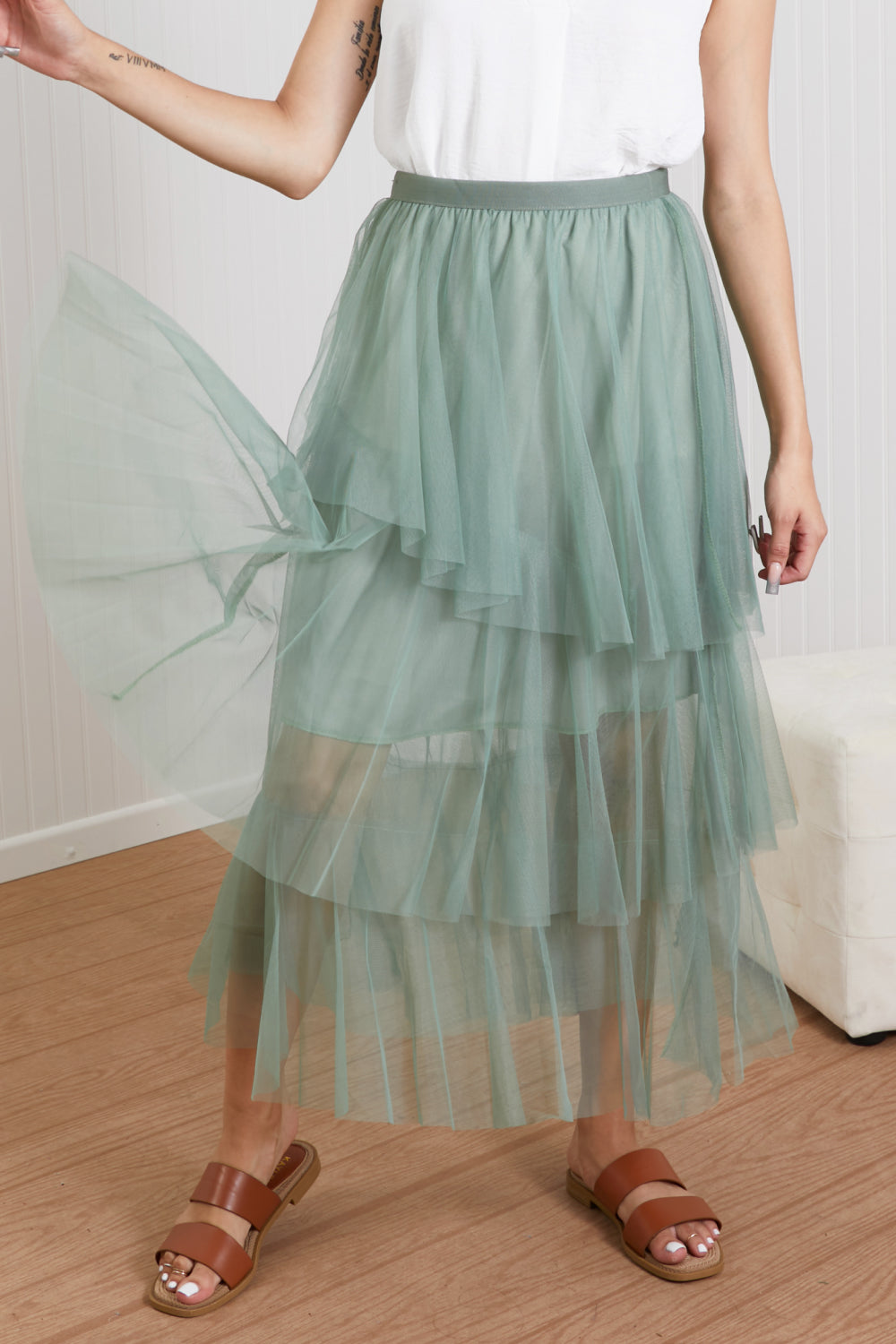 Ninexis Ruffles and Romance Tiered Tulle Skirt - Sage / One Size