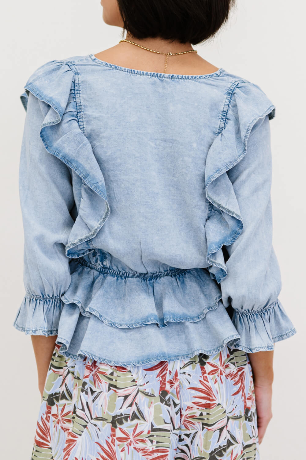 Doe & Rae Miss You Denim Ruffle Peplum Top -