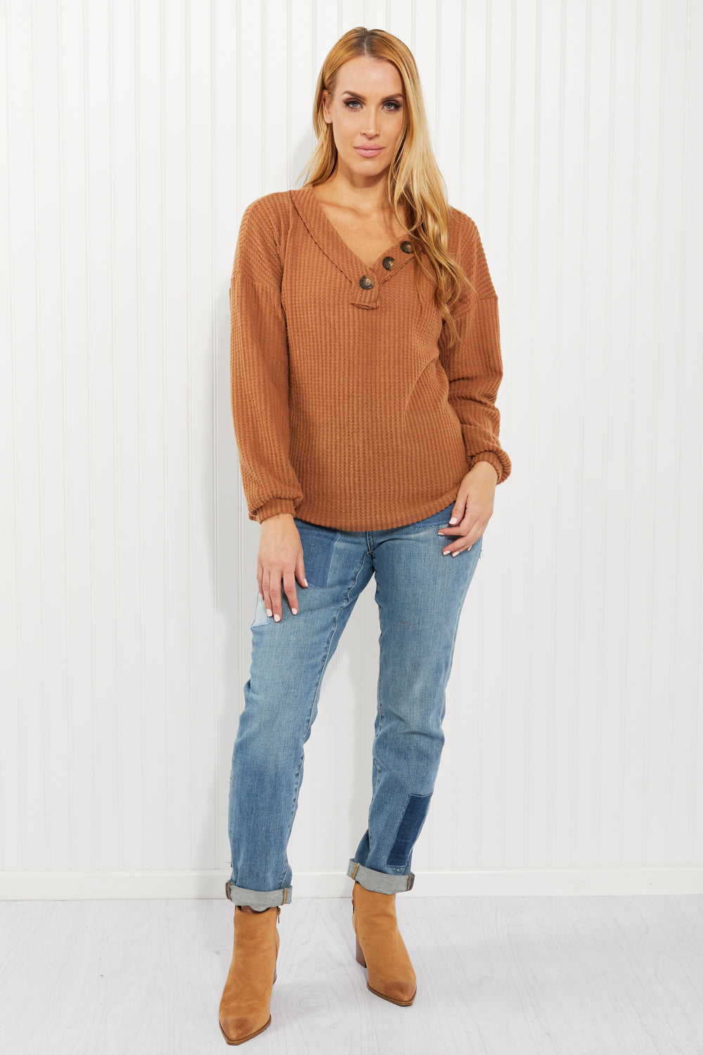 Zenana Apple Dumplings Full Size Brushed Waffle Knit Henley in Deep Camel -