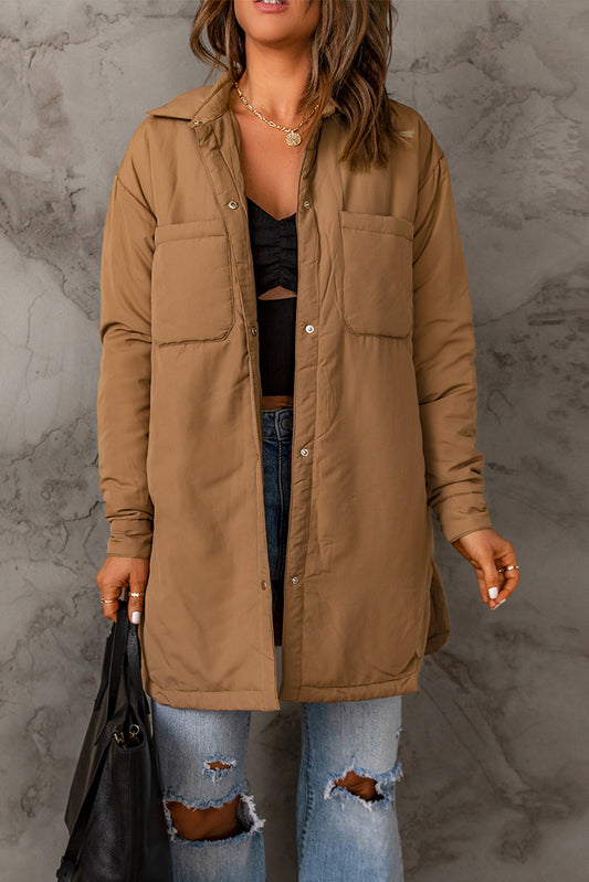 Snap Down Side Slit Jacket with Pockets - Brown / S