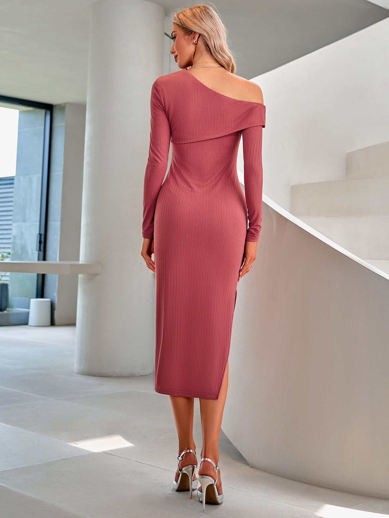 Asymmetrical Neck Slit Midi Dress -