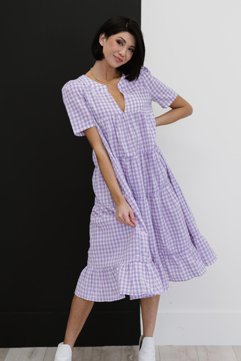 BiBi Slow Dancing Gingham Tiered Midi Dress -