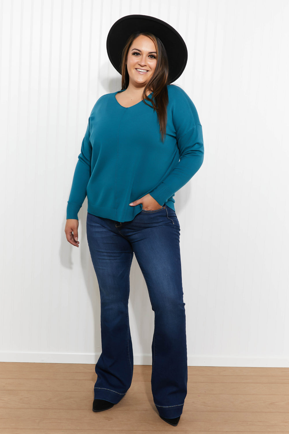 Zenana Hello Fall Center Seam Sweater in Teal -