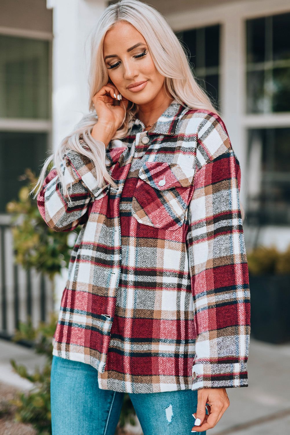 Plaid Button Front Shirt Jacket with Breast Pockets -