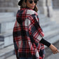 Plaid Half Sleeve Open Front Hooded Fleece Jacket -