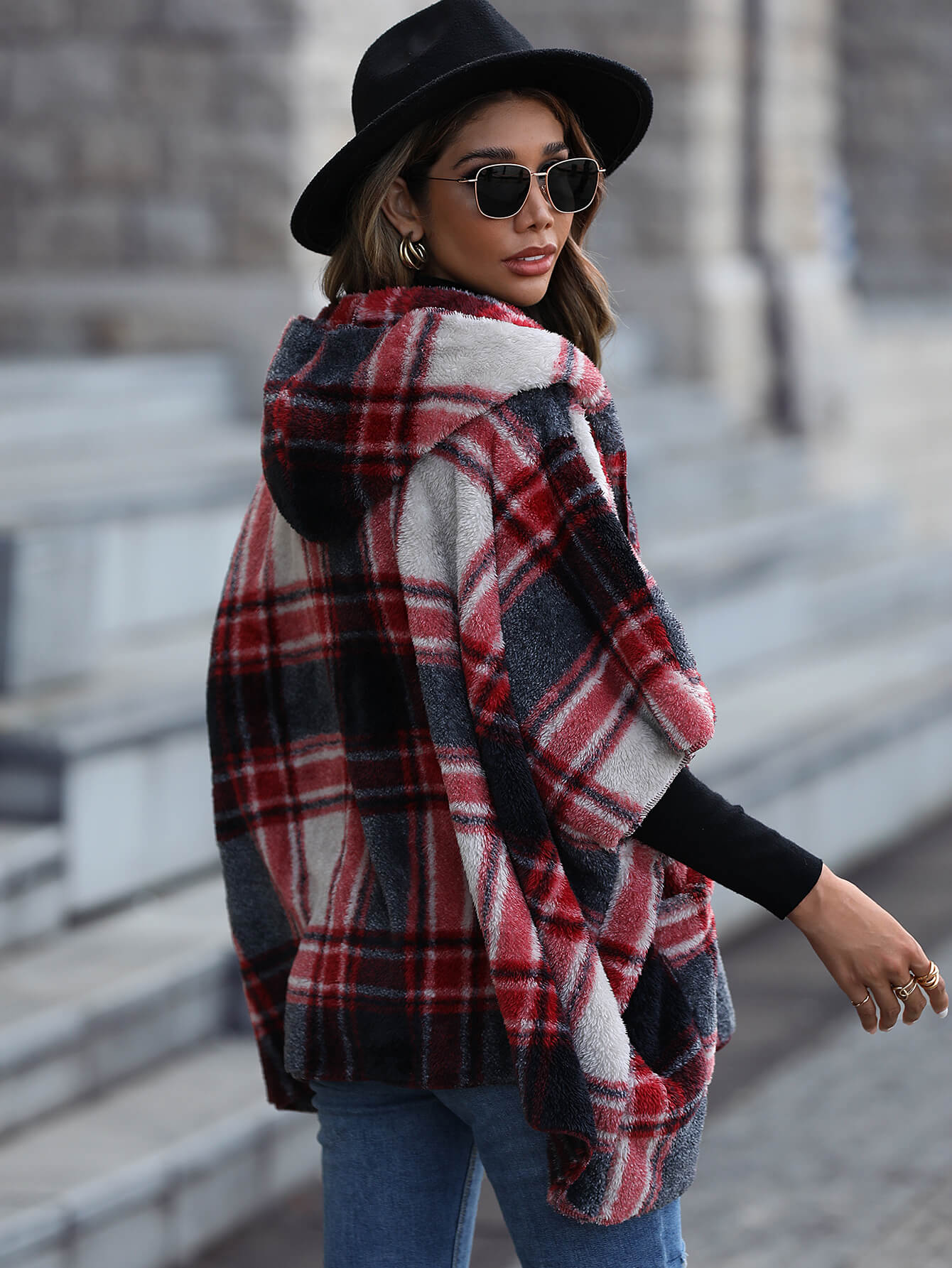 Plaid Half Sleeve Open Front Hooded Fleece Jacket -