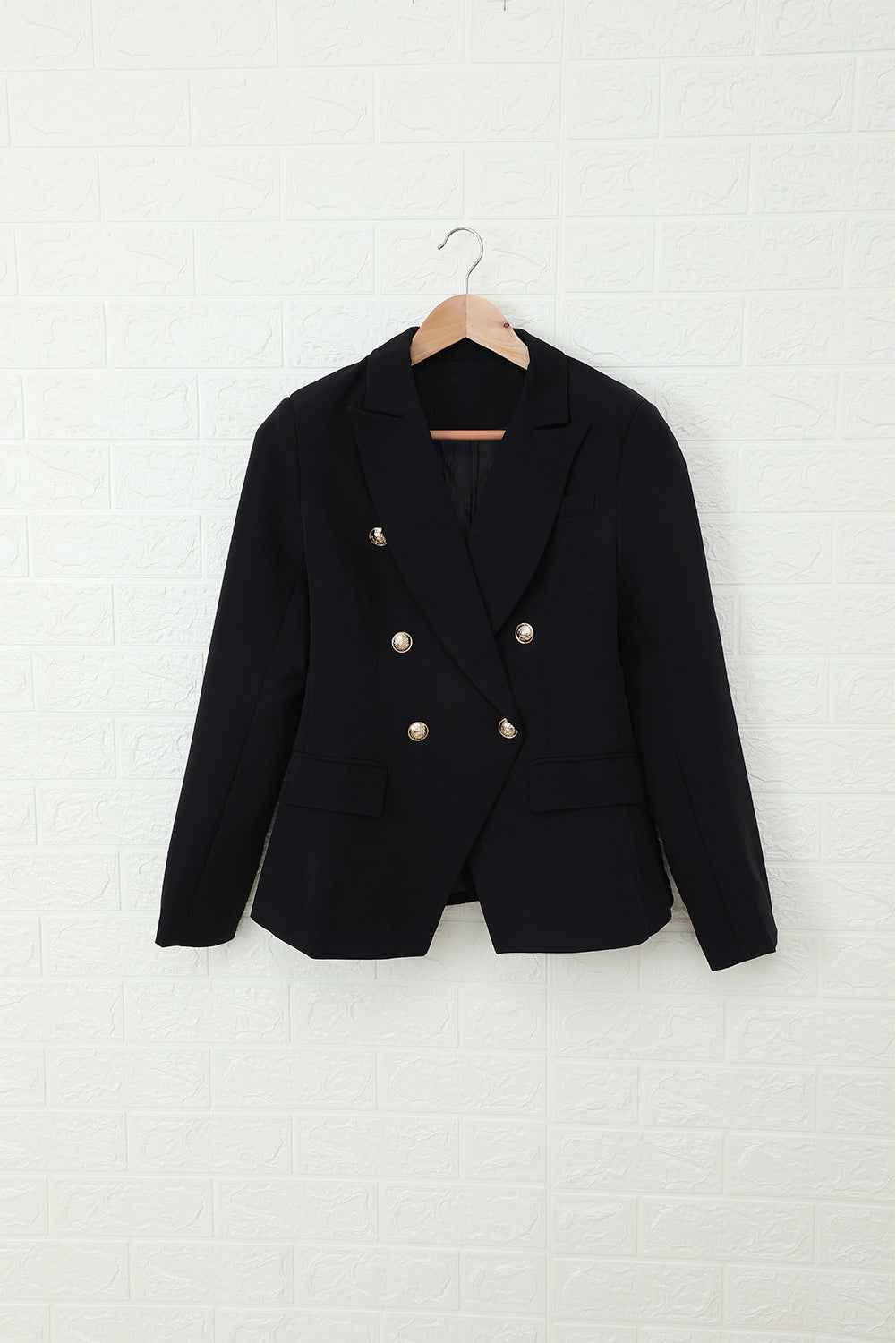 Double-Breasted Lapel Collar Blazer with Pockets - Black / S