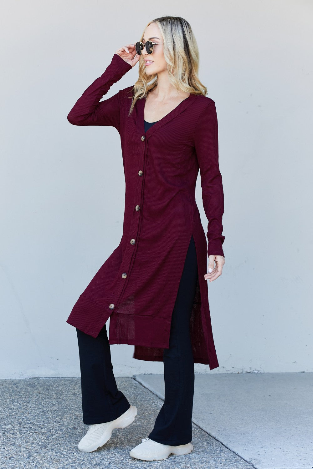 Zenana Autumn Aura Full Size Ribbed Longline Cardigan in Dark Burgundy -