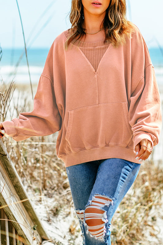 Dropped Shoulder Sweatshirt with Kangaroo Pocket - Peach / S