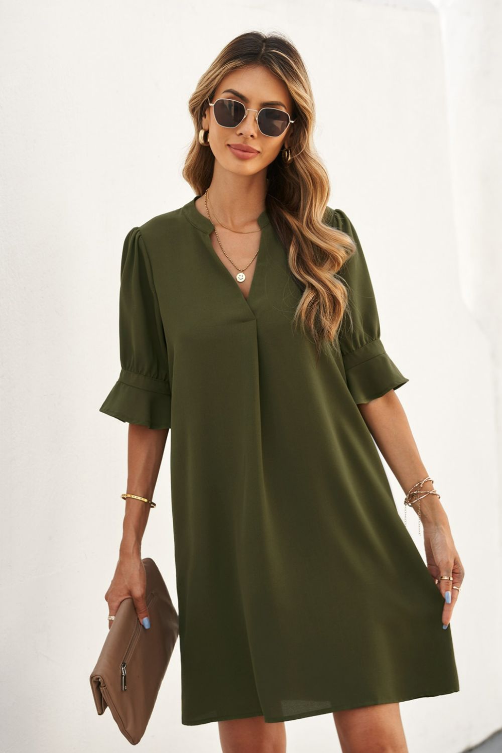 Puff Sleeve Notched Mini Shift Dress -