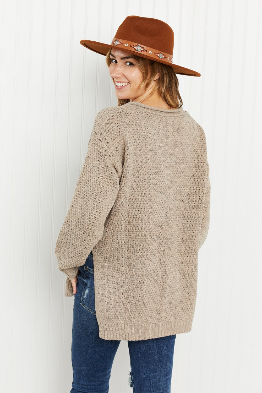 GeeGee Full Size Waffle Knit Henley Sweater -