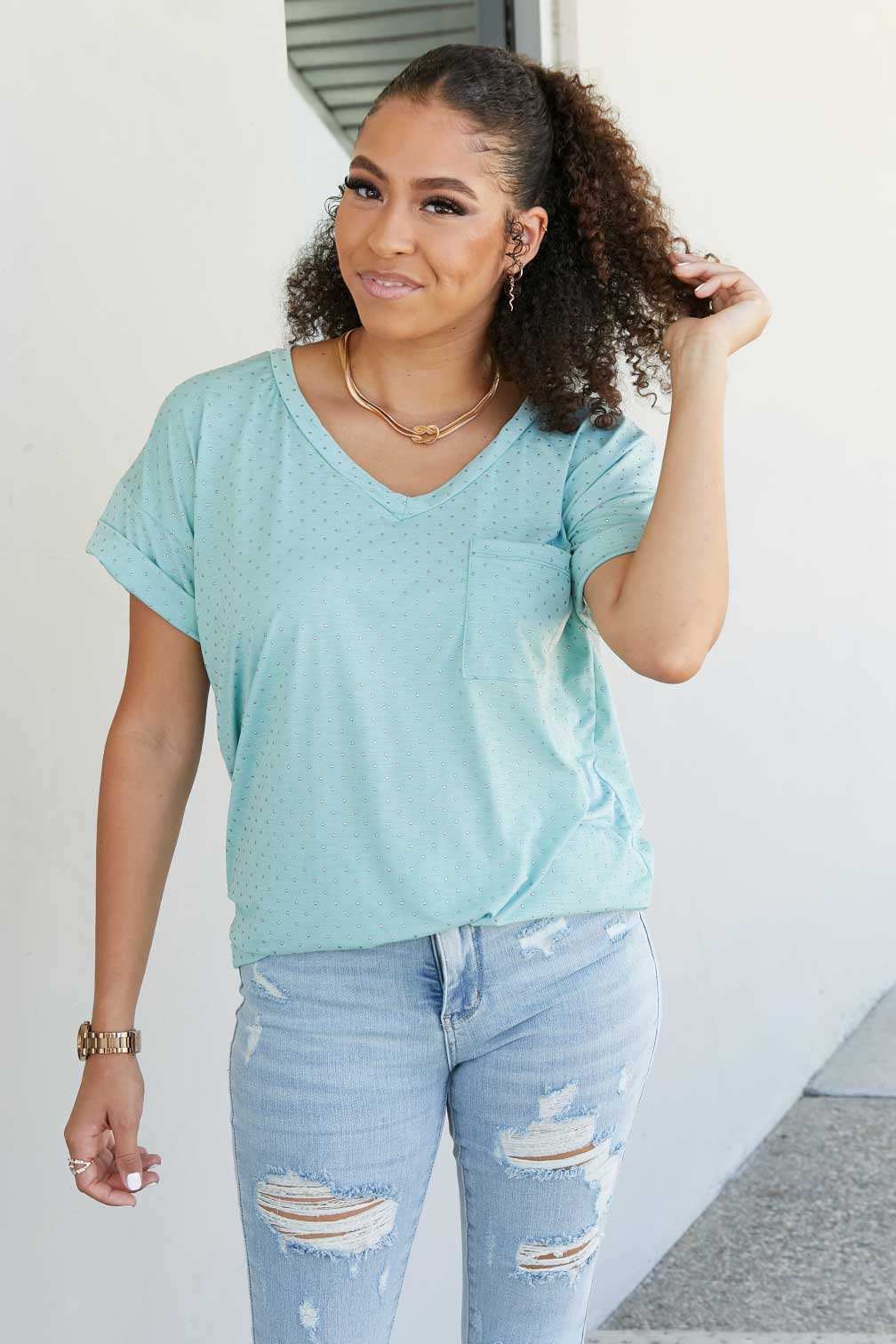 Sew In Love Let's Meet Up Polka Dot Tee in Sage -