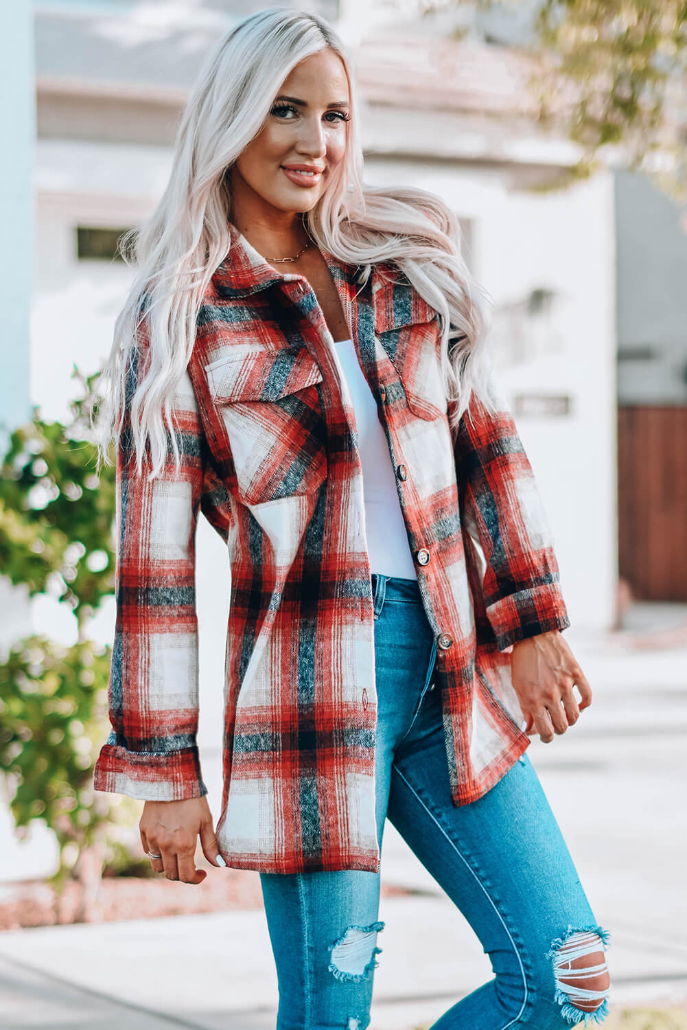 Plaid Button Up Shirt Jacket with Pockets -