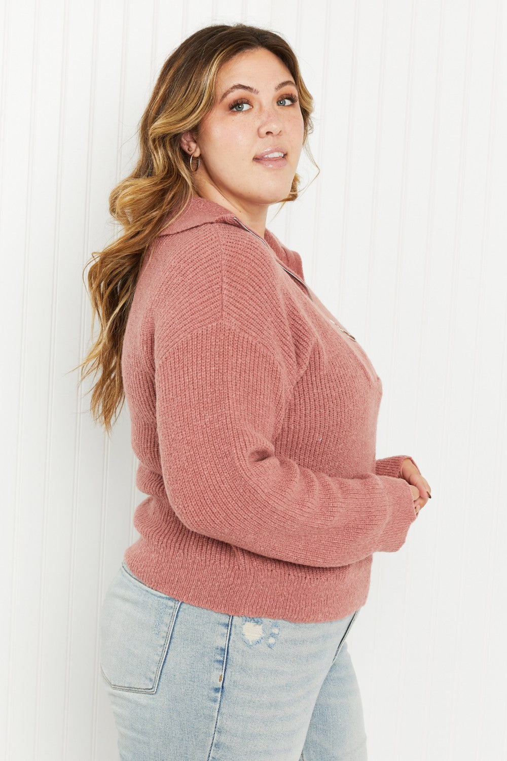 Andree by Unit Central Park Full Size Half-Zip Ribbed Sweater -