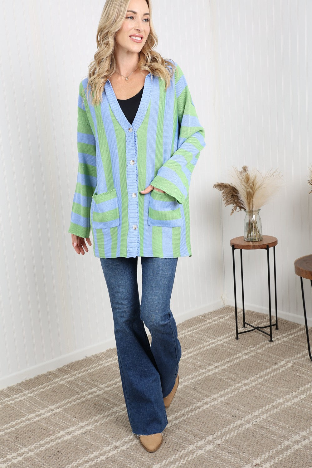 Petal Dew Striped Button-Up Pocket Cardigan -