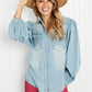 Davi & Dani Sitting Fireside Full Size Button Down Denim Shirt -