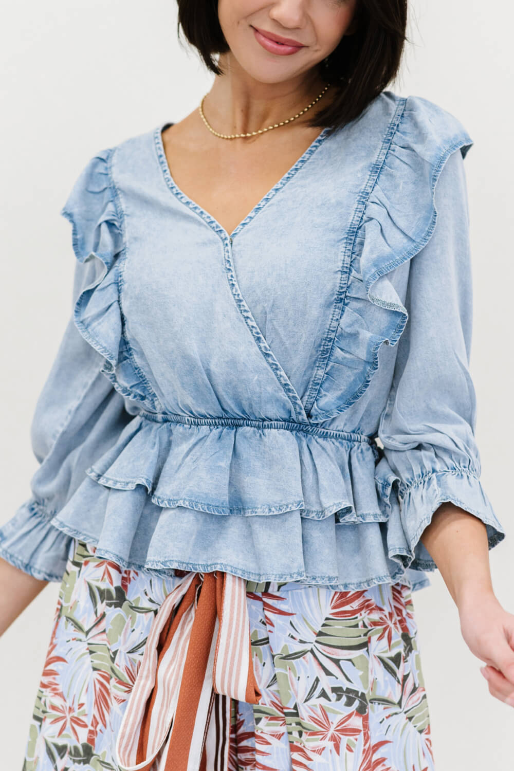 Doe & Rae Miss You Denim Ruffle Peplum Top -