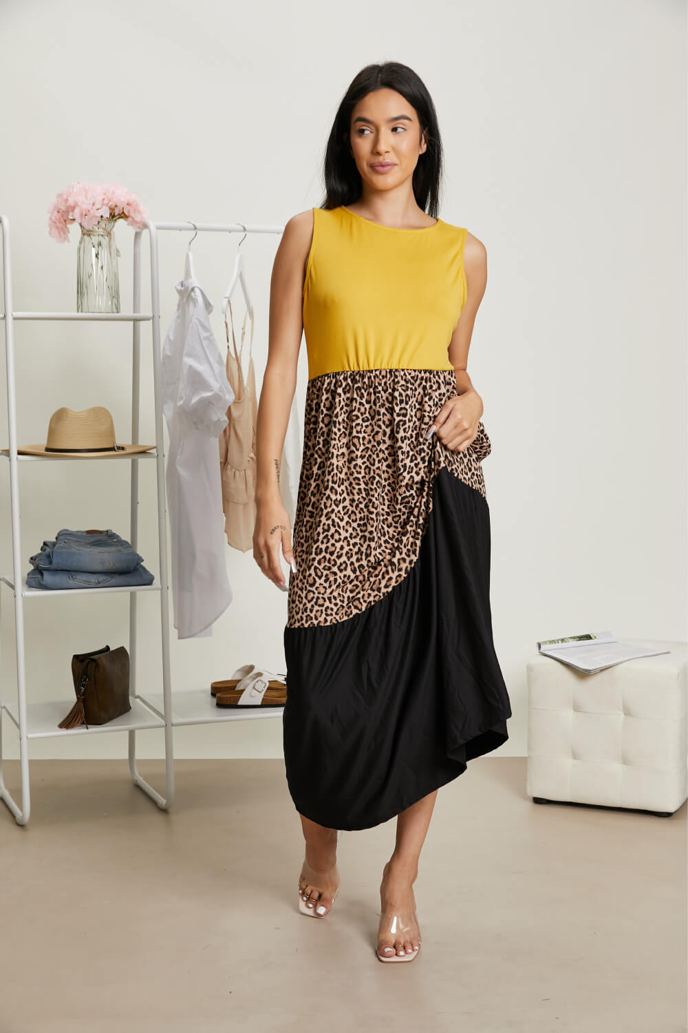 P & Rose Girl Next Door Leopard Color Block Dress in Mustard -