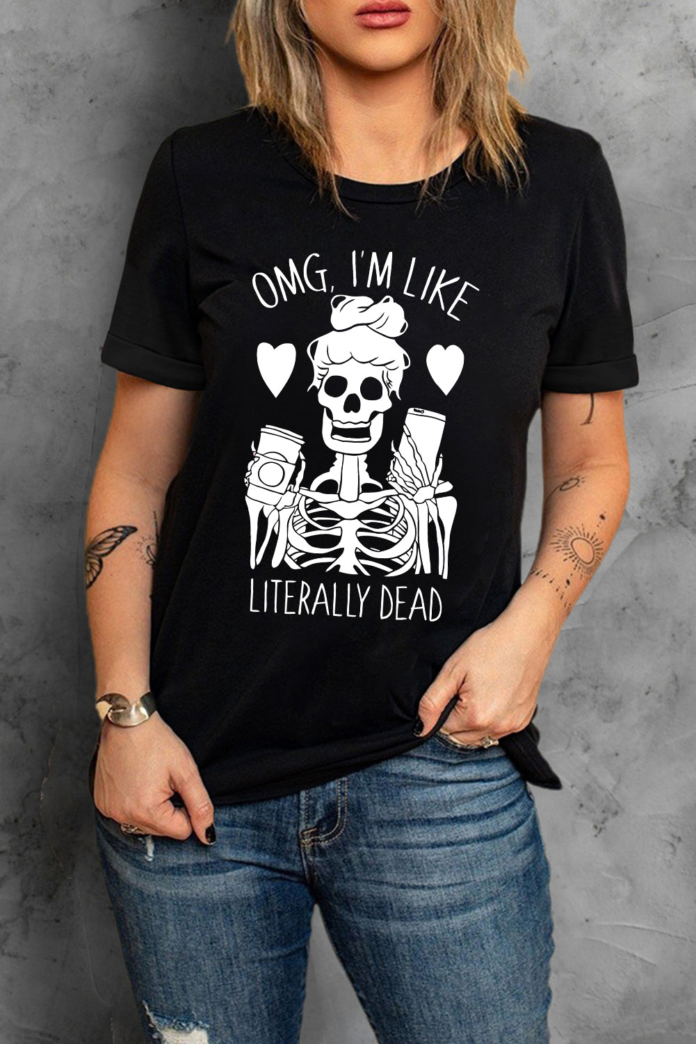 Halloween Skeleton Graphic Round Neck Tee -