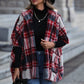 Plaid Half Sleeve Open Front Hooded Fleece Jacket -
