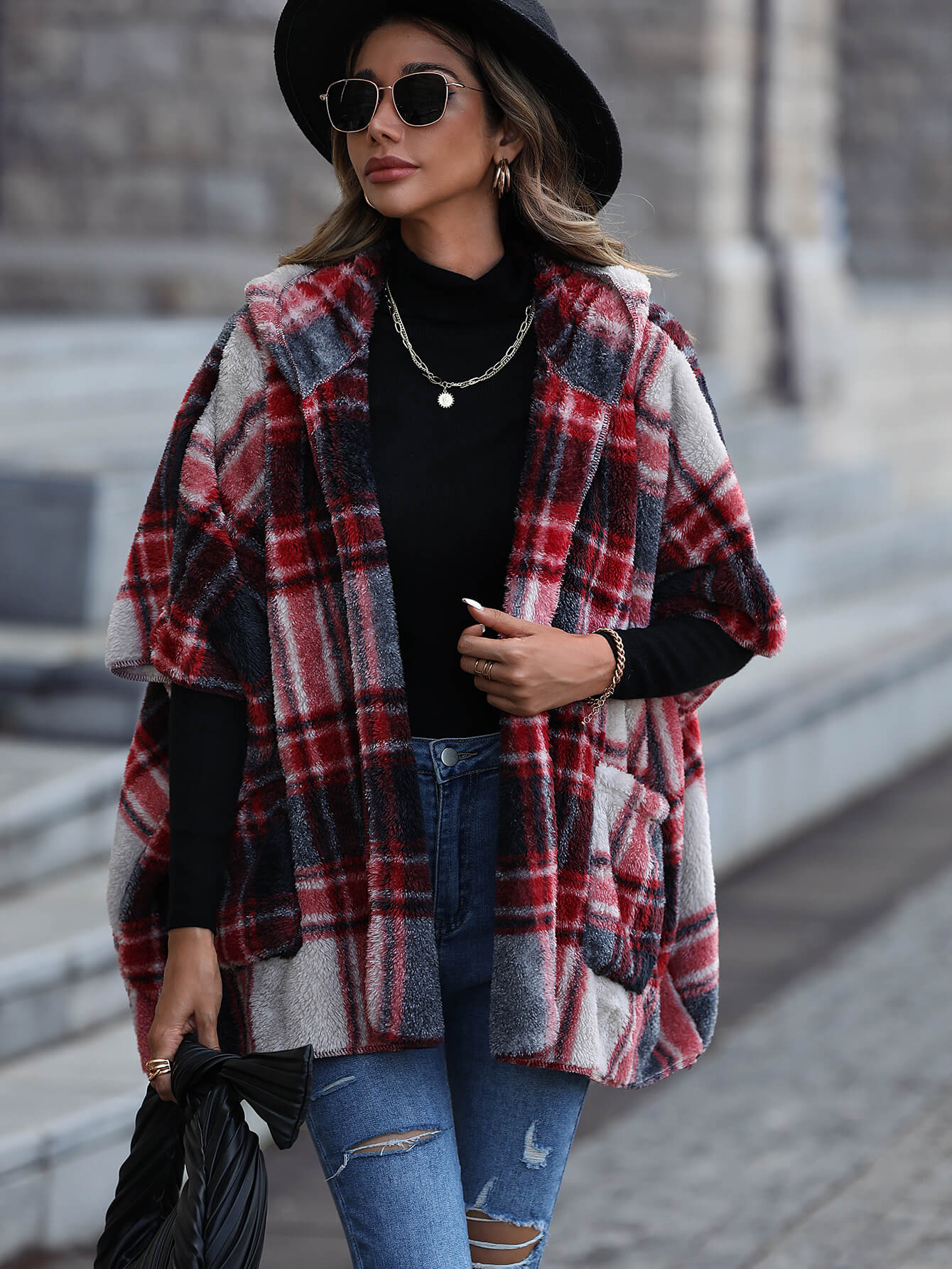 Plaid Half Sleeve Open Front Hooded Fleece Jacket -