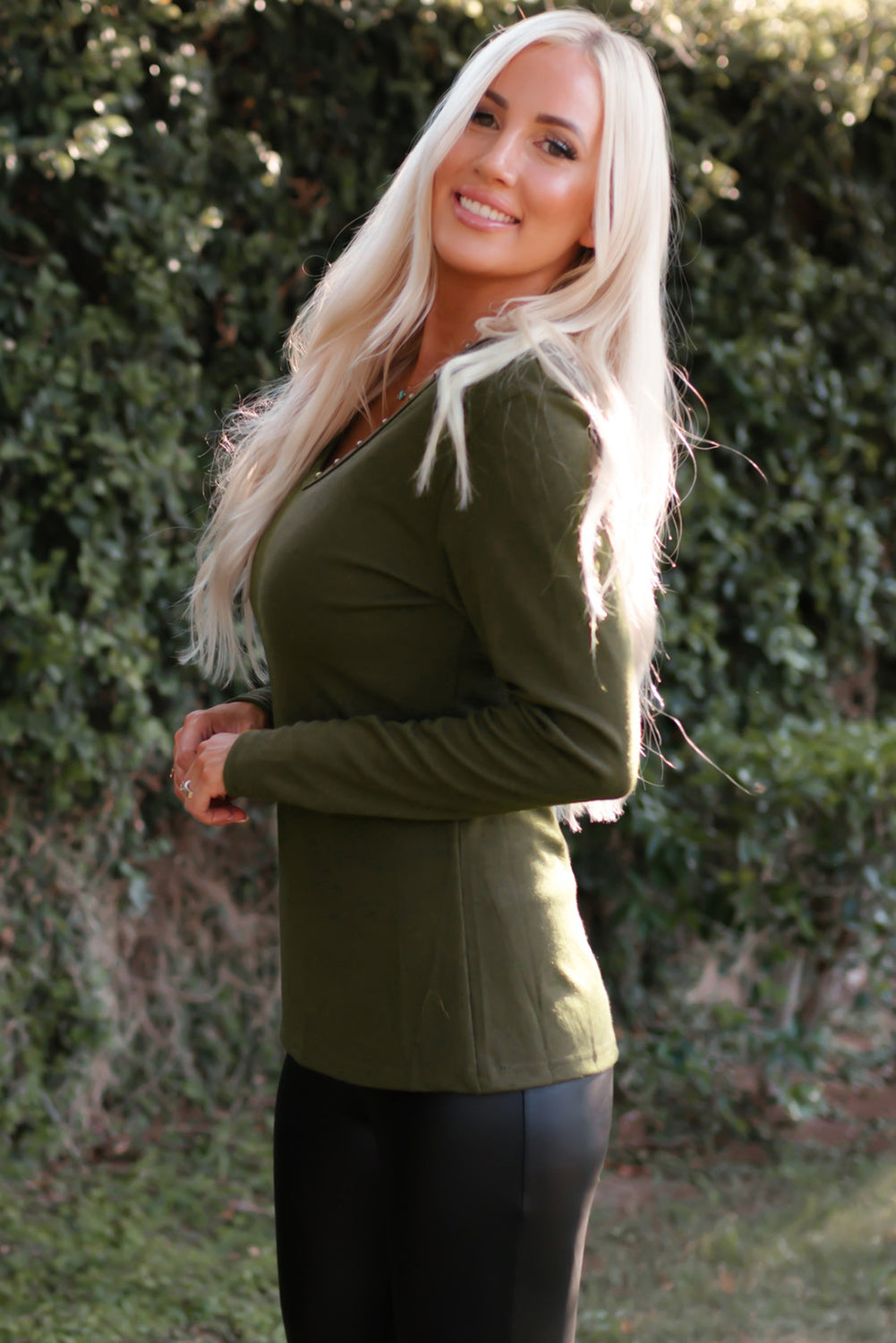 Studded Grommet V-Neck Long Sleeve Top -