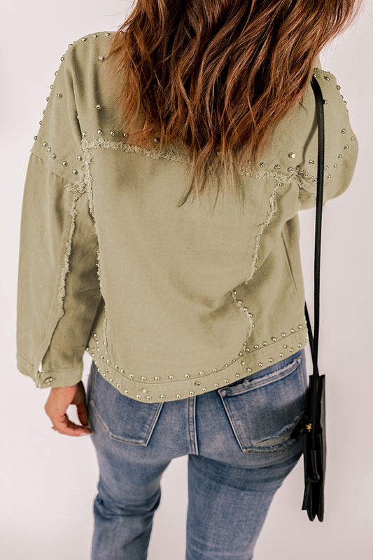 Frayed Trim Rivet Denim Jacket -