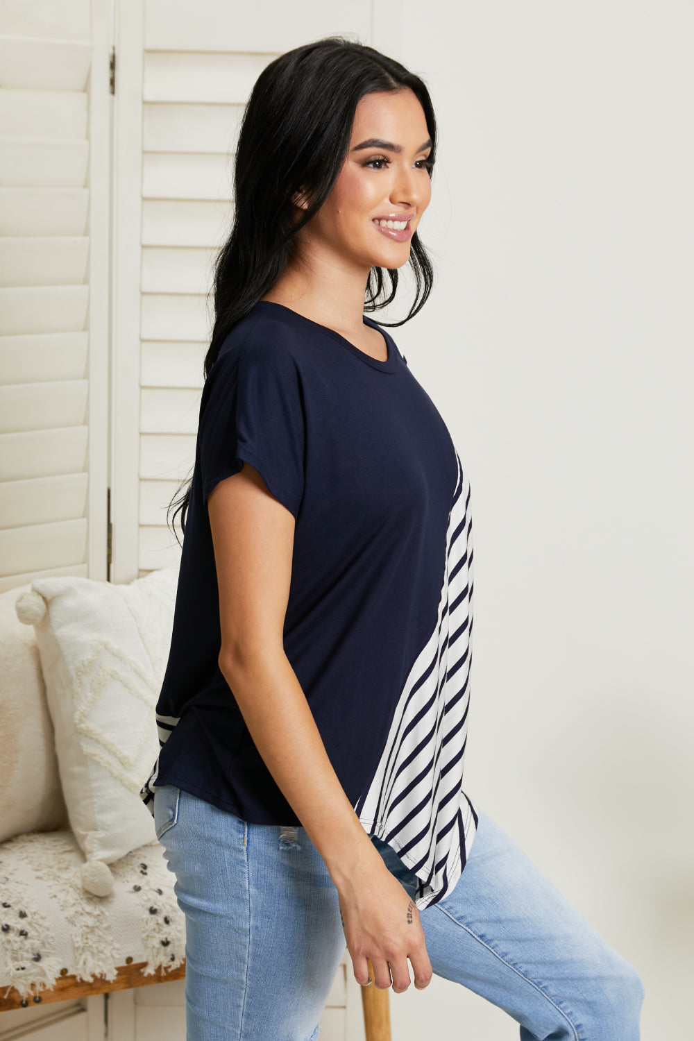 Sew In Love Spoonful of Sugar Striped Color Block Tee in Navy -