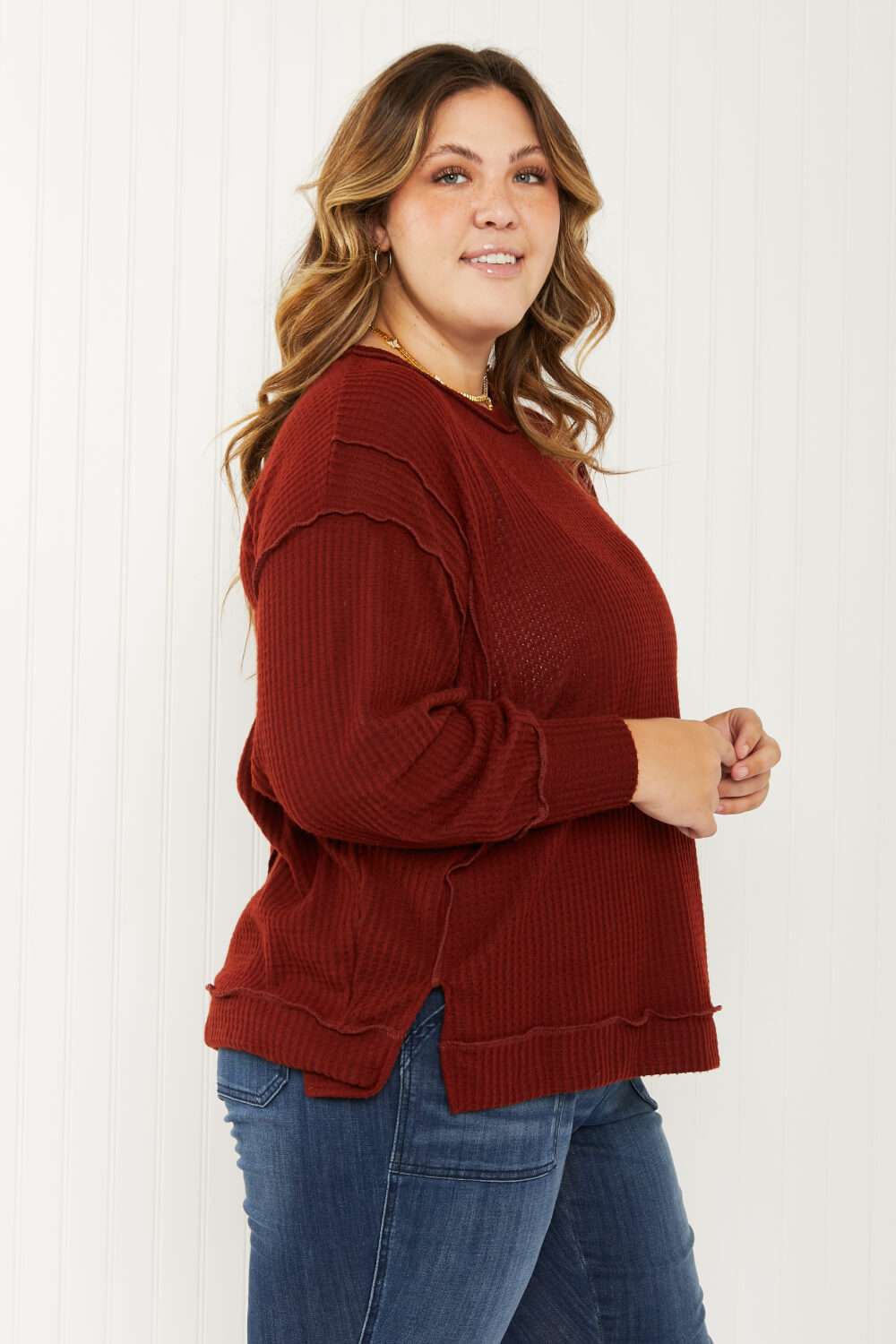 Zenana Alta Heights Full Size Waffle Knit Exposed Seam Sweater -