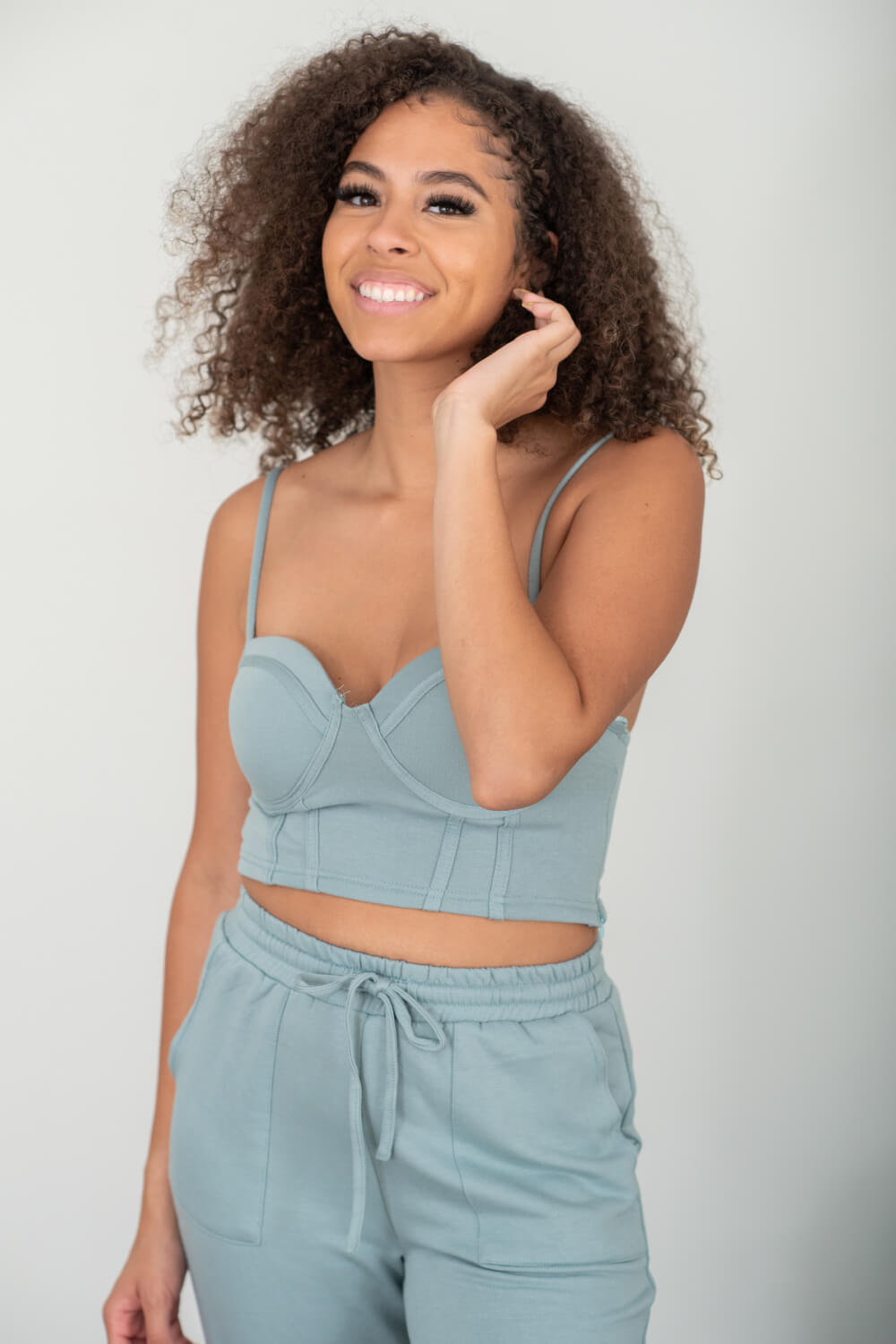 SHOPIRISBASIC Let's Do This Bustier and Joggers Lounge Set in Sage Green -