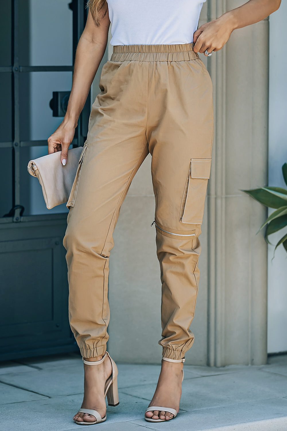 Elastic Waist Ankle-Length Cargo Joggers -