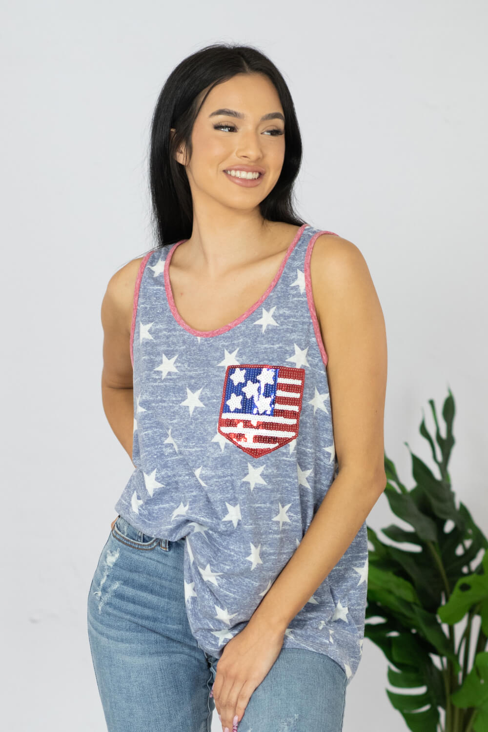 e. Luna Star Spangled Printed Sequin Pocket Tank -