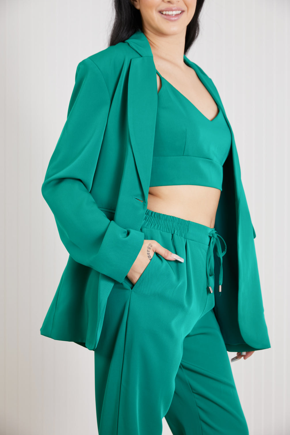 GeeGee Wall Street Bra, Blazer, and Pants Set in Kelly Green -