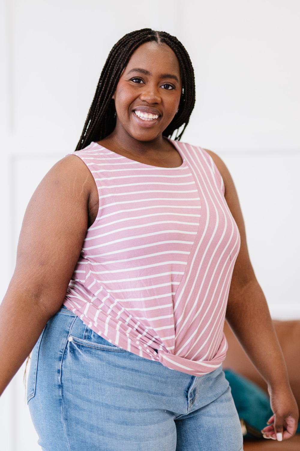 Zenana Just a City Girl Striped Twist Detail Tank in Light Rose -