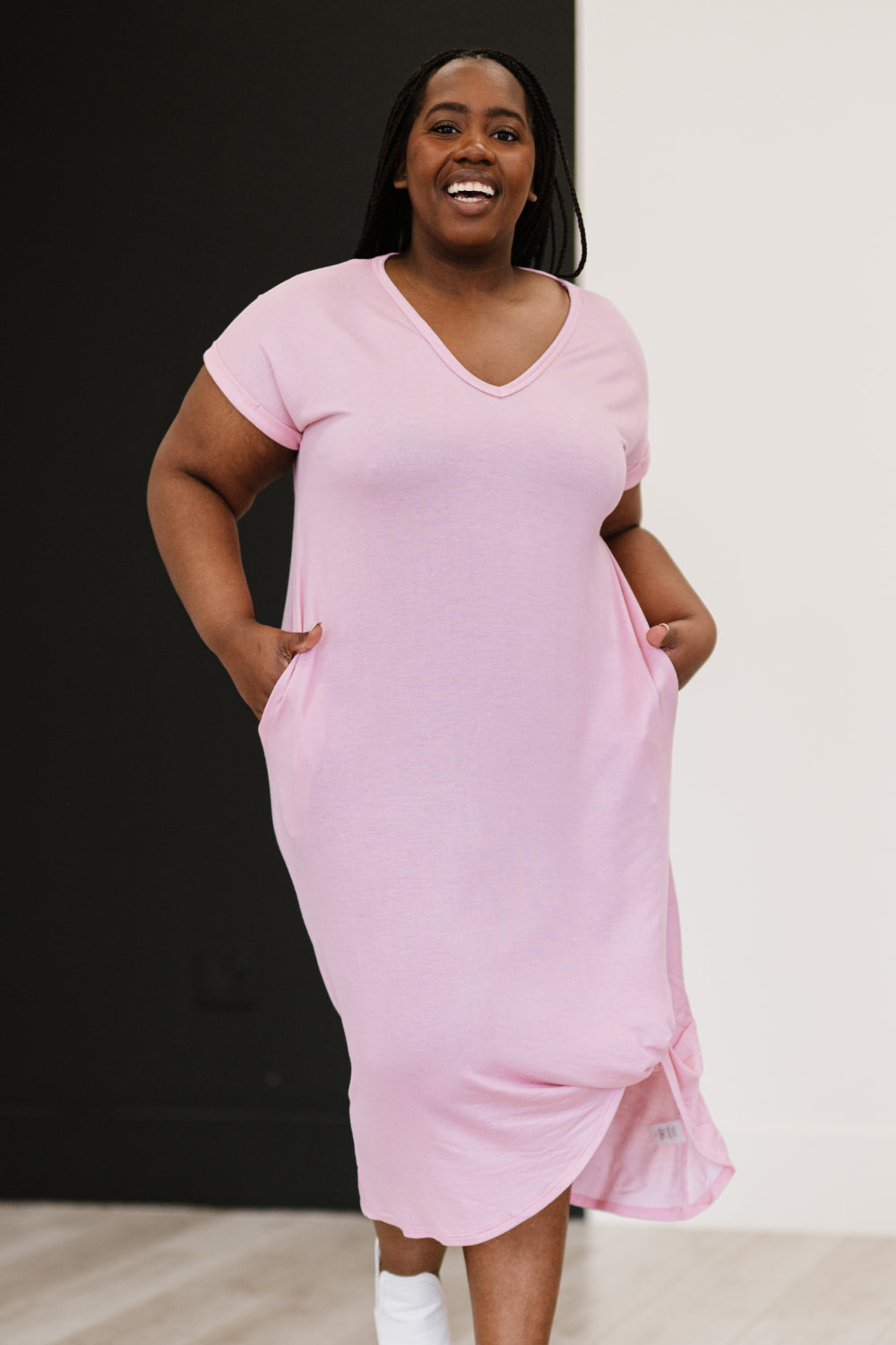 P & Rose Plot Twist T-Shirt Dress with Pockets in Rose -