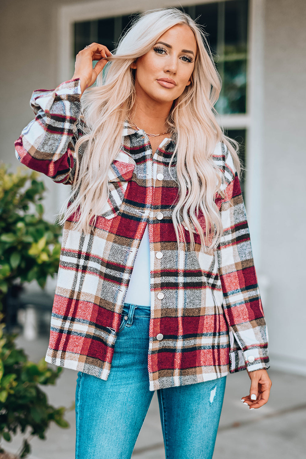 Plaid Button Front Shirt Jacket with Breast Pockets - Red / S