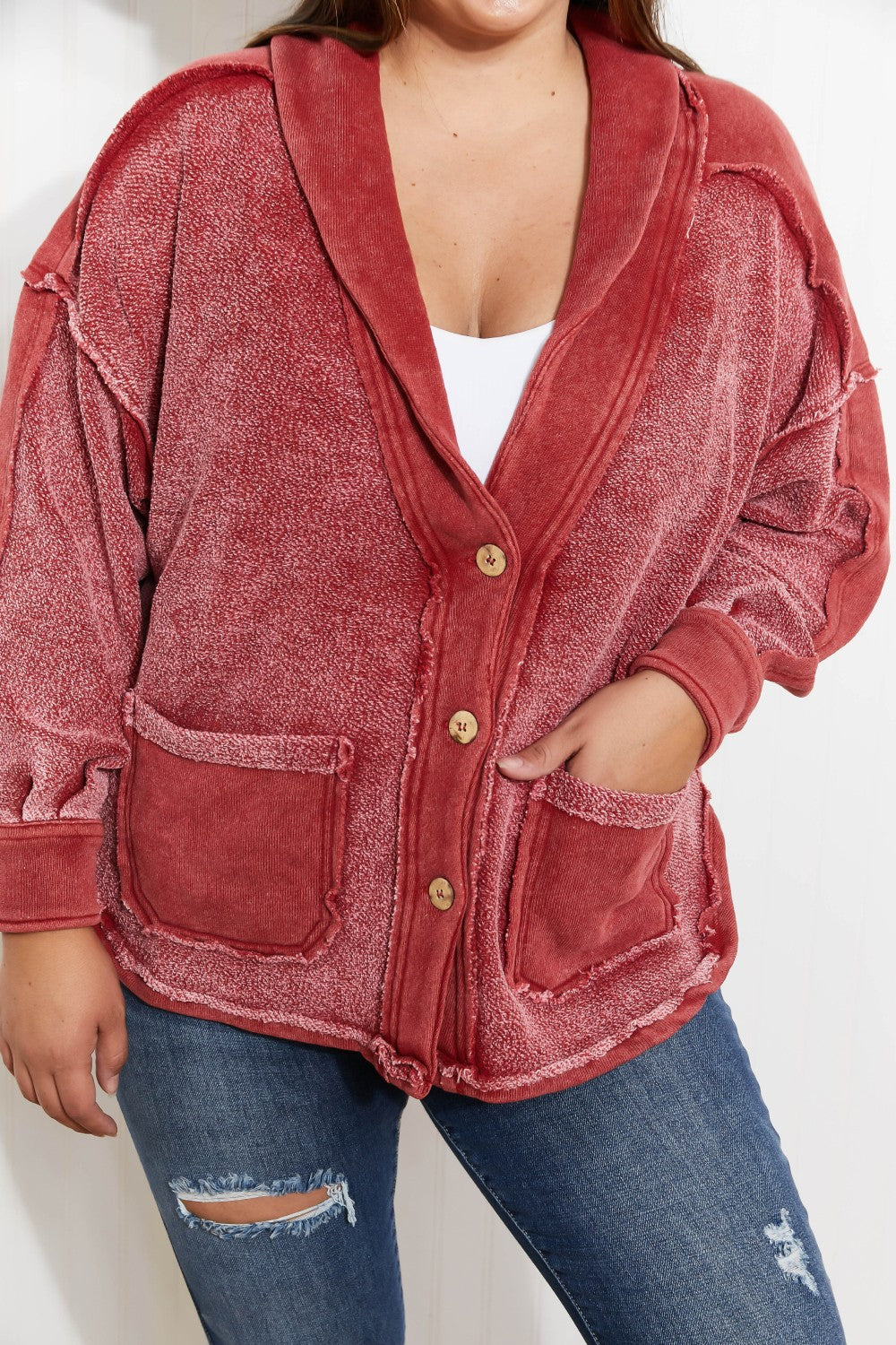 Zenana Autumn Breeze French Terry Button Front Jacket -