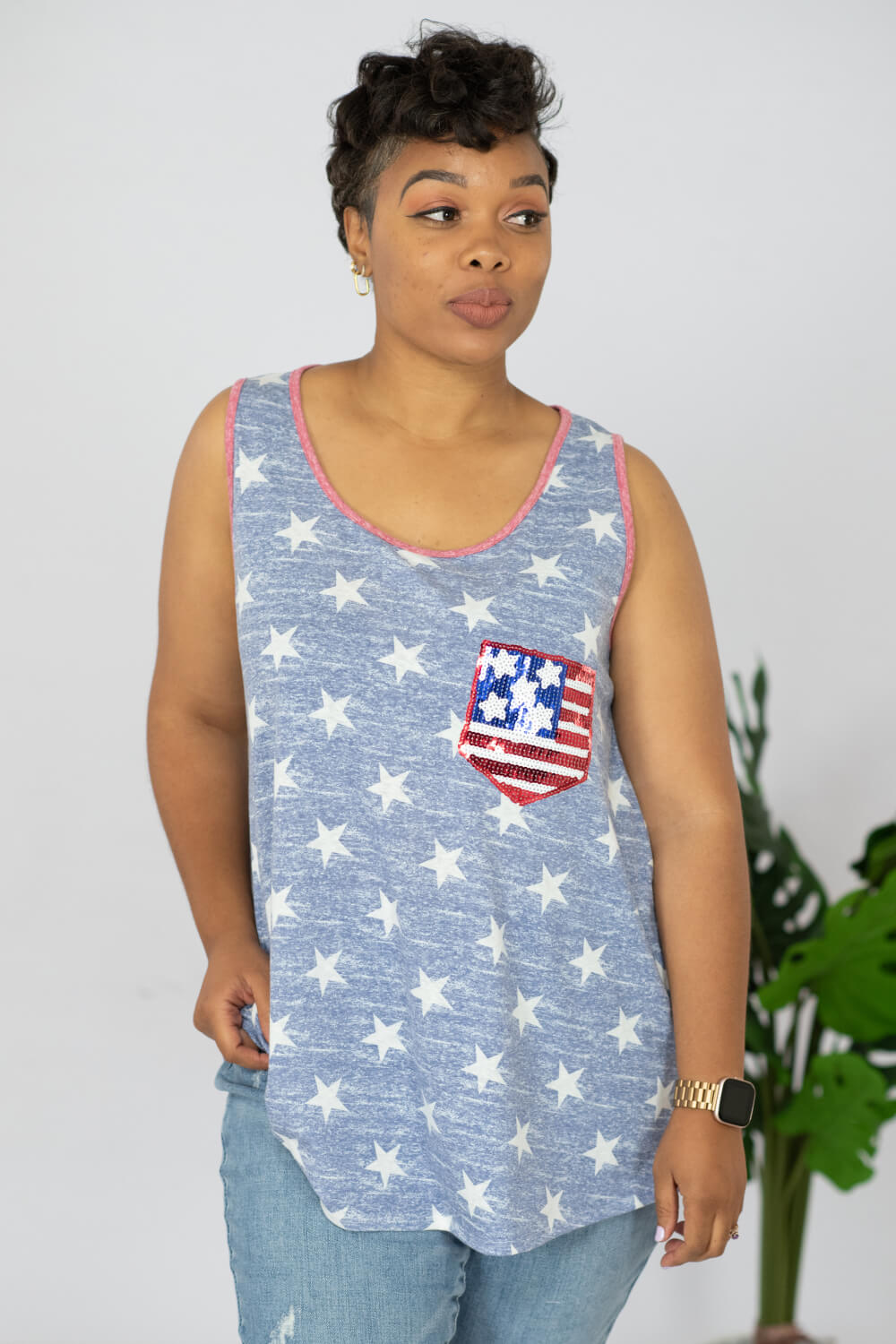 e. Luna Star Spangled Printed Sequin Pocket Tank -