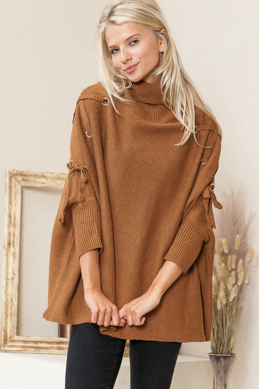 Justin Taylor Turtleneck Lace-Up Dolman Sleeve Sweater - Cognac / One Size