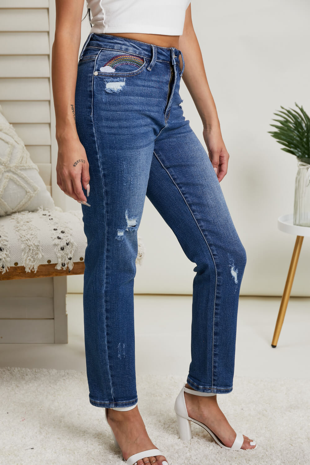 Judy Blue Rainbow Embroidered Cropped Straight Leg Jeans -