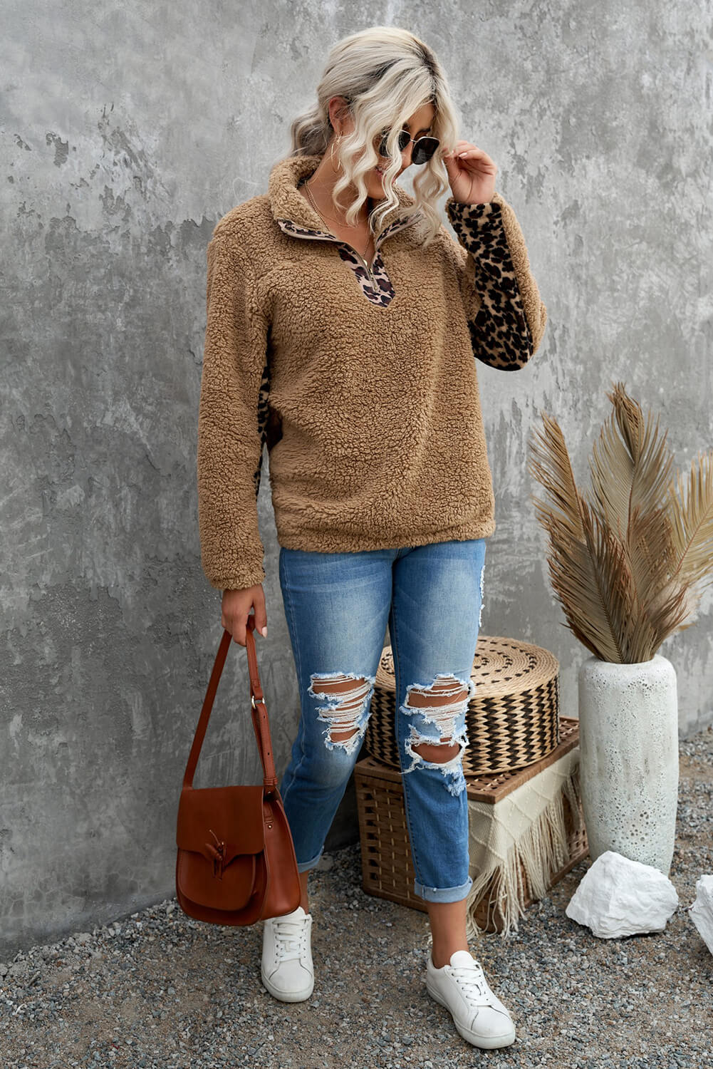 Animal Print Quarter-Zip Sherpa Sweatshirt -