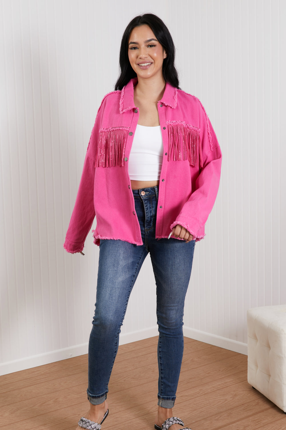 GeeGee Southwest Rhinestone Fringe Detail Shirt Jacket -